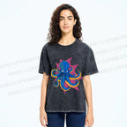Unisex Blue Octopus in Star Printed Washed Tee