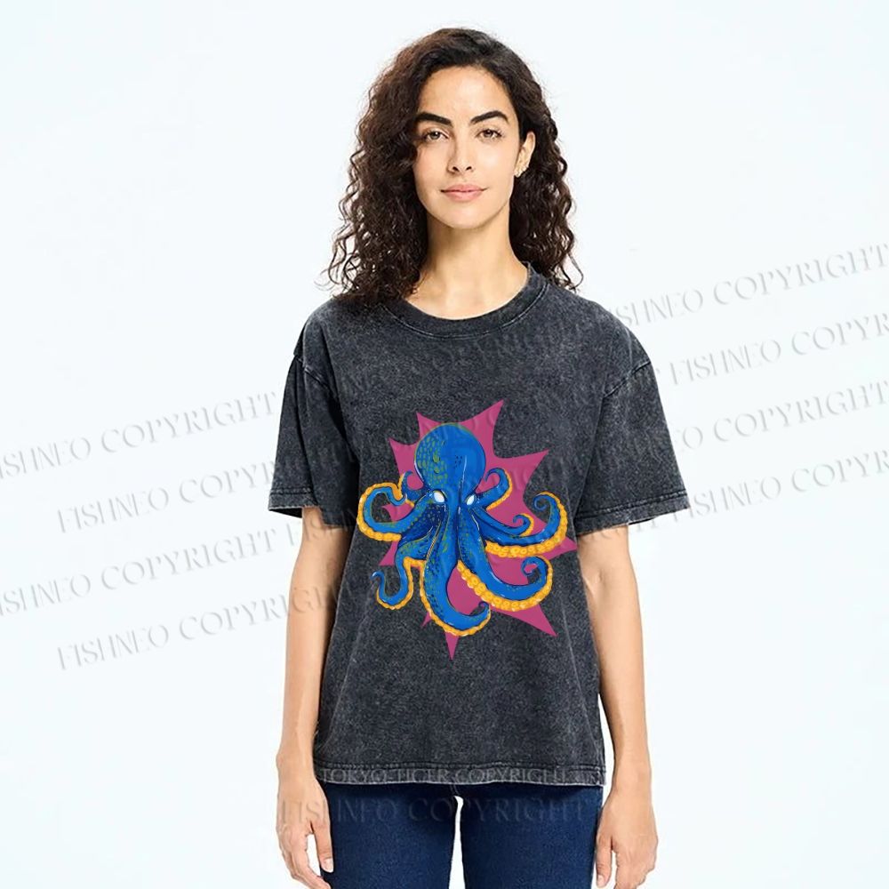 Unisex Blue Octopus in Star Printed Washed Tee