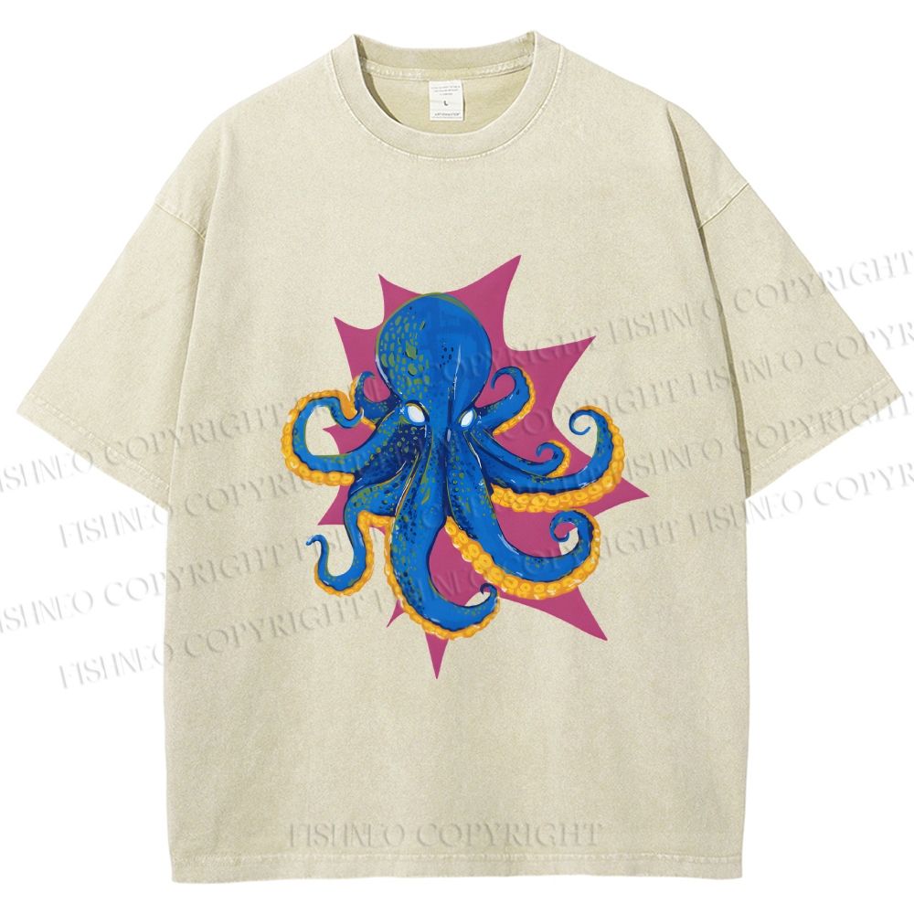 Unisex Blue Octopus in Star Printed Washed Tee