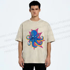 Unisex Blue Octopus in Star Printed Washed Tee