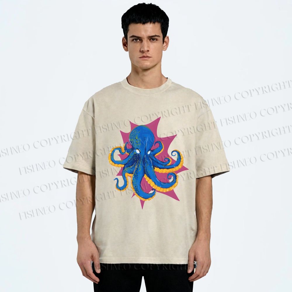 Unisex Blue Octopus in Star Printed Washed Tee