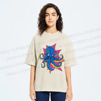 Unisex Blue Octopus in Star Printed Washed Tee