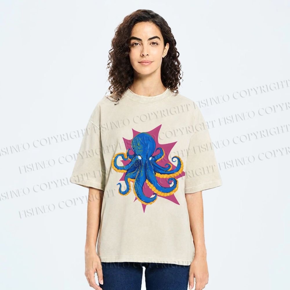 Unisex Blue Octopus in Star Printed Washed Tee