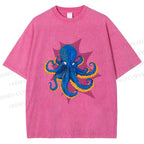 Unisex Blue Octopus in Star Printed Washed Tee