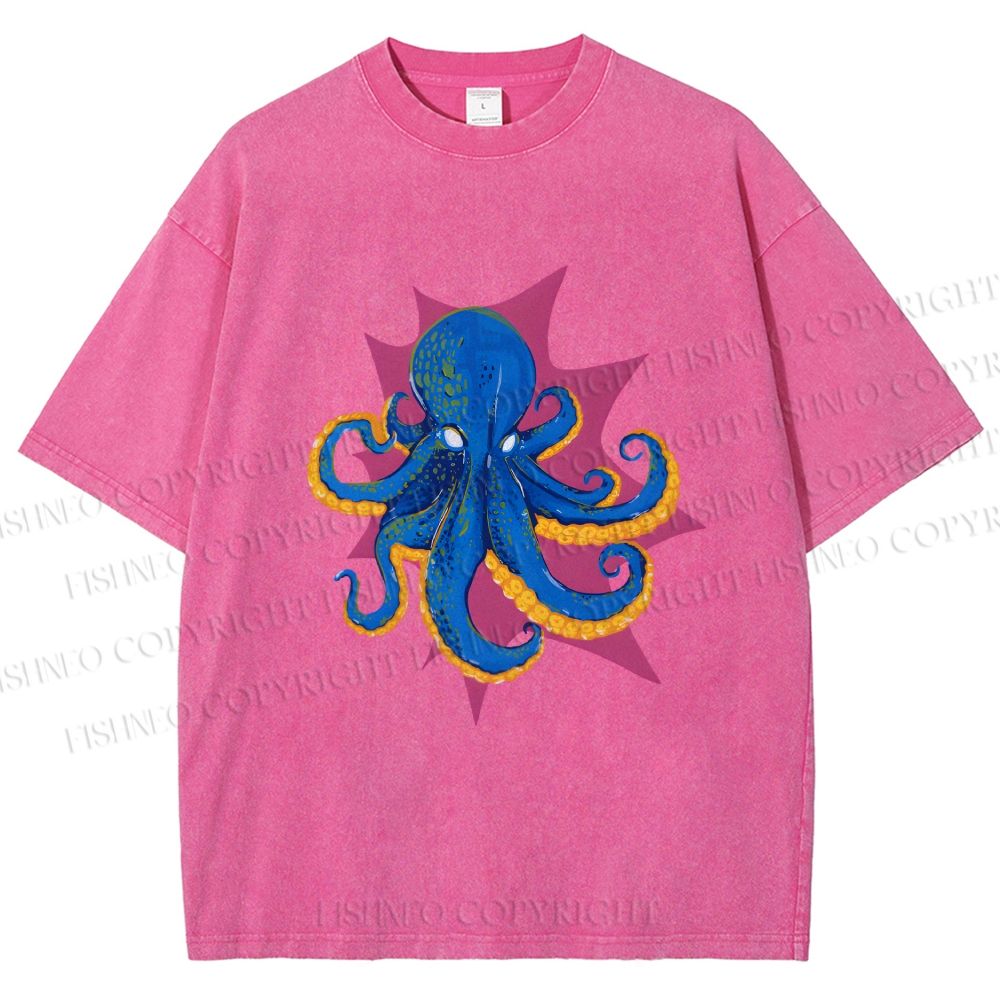 Unisex Blue Octopus in Star Printed Washed Tee