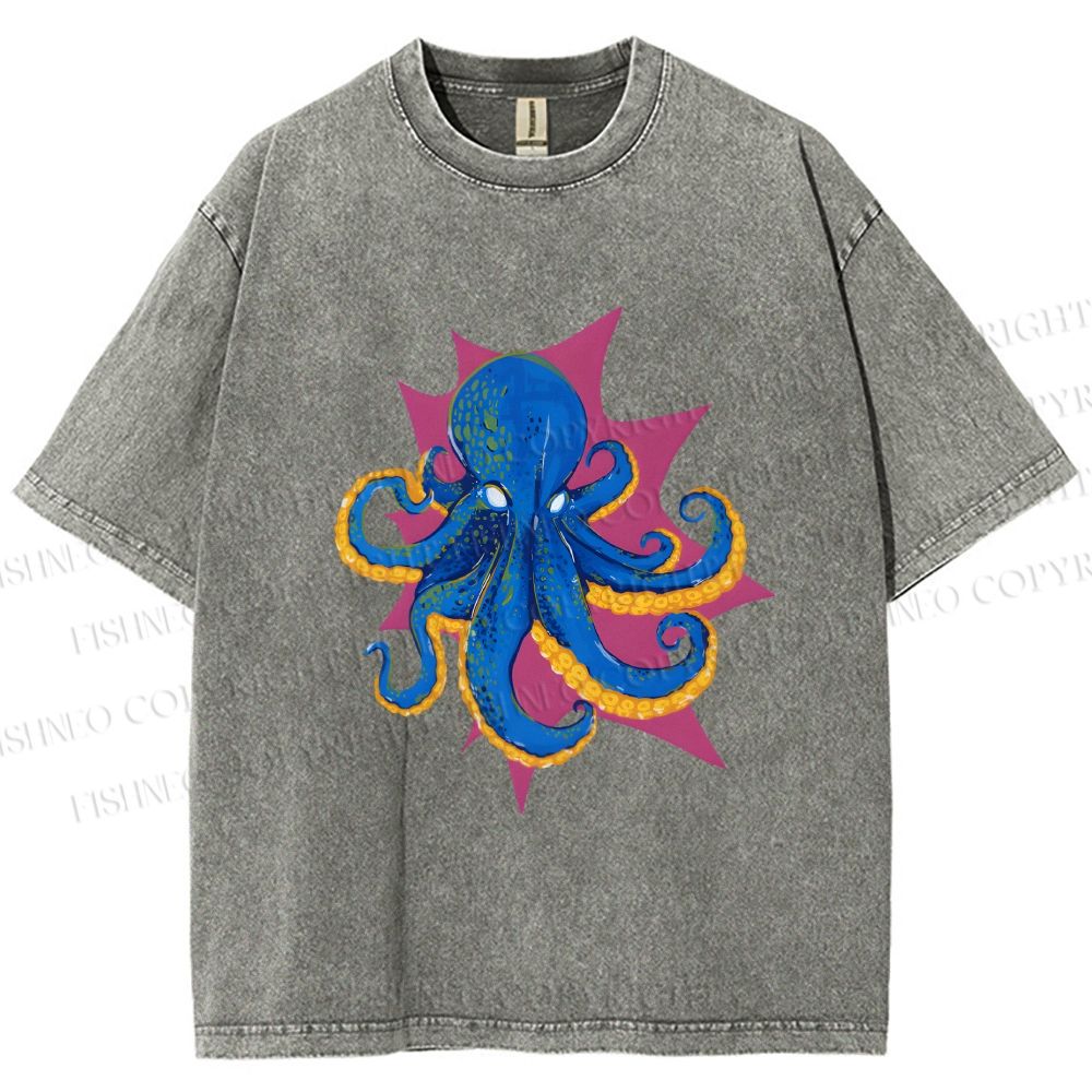 Unisex Blue Octopus in Star Printed Washed Tee