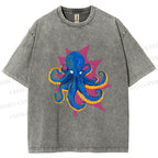 Unisex Blue Octopus in Star Printed Washed Tee