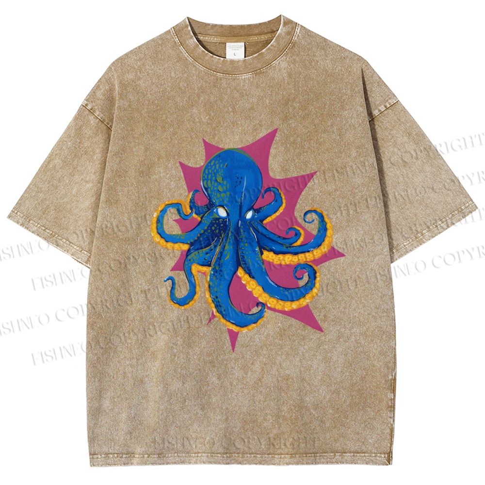 Unisex Blue Octopus in Star Printed Washed Tee