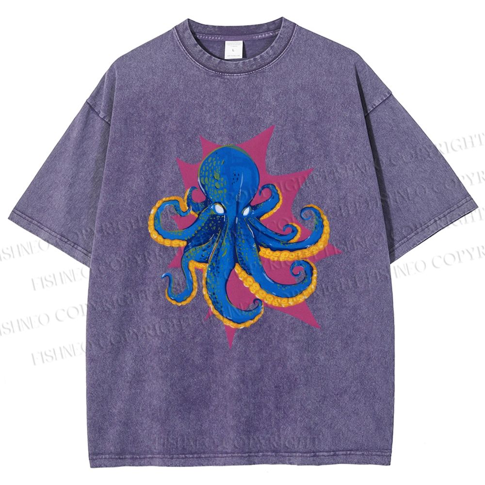 Unisex Blue Octopus in Star Printed Washed Tee
