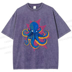 Unisex Blue Octopus in Star Printed Washed Tee