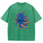 Unisex Blue Octopus in Star Printed Washed Tee