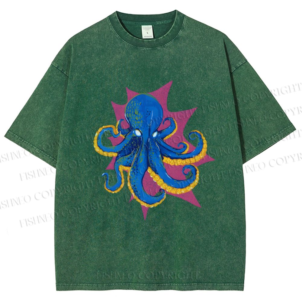 Unisex Blue Octopus in Star Printed Washed Tee