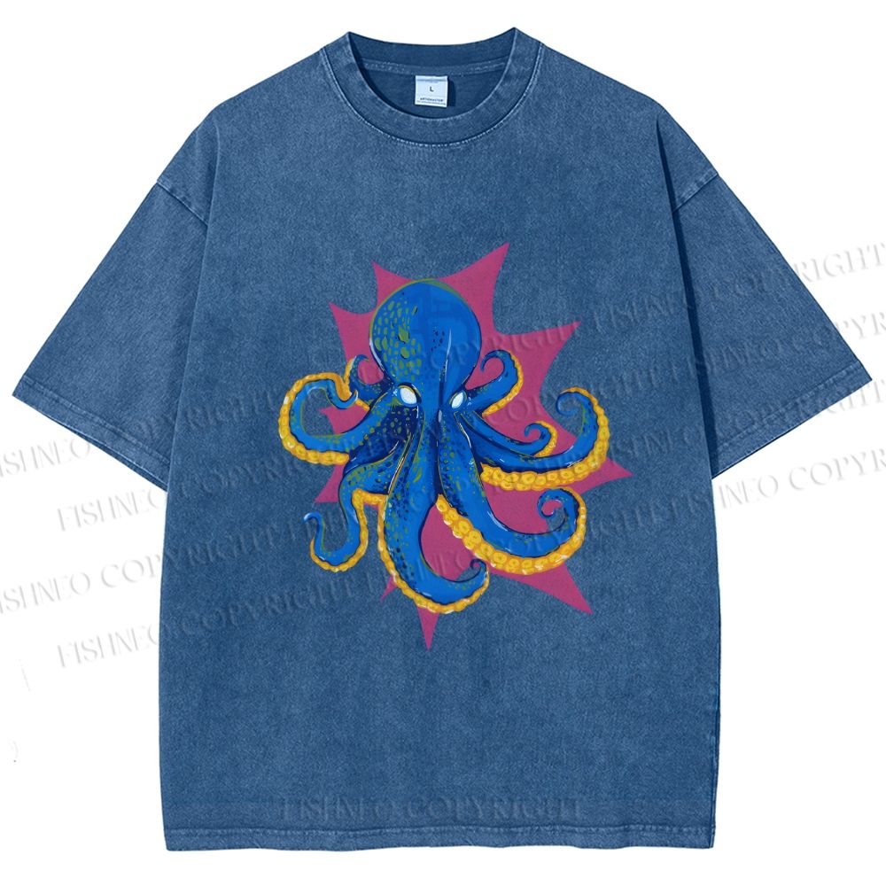 Unisex Blue Octopus in Star Printed Washed Tee