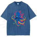 Unisex Blue Octopus in Star Printed Washed Tee