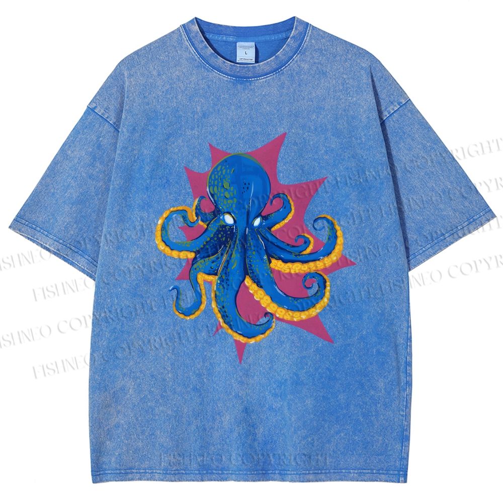 Unisex Blue Octopus in Star Printed Washed Tee