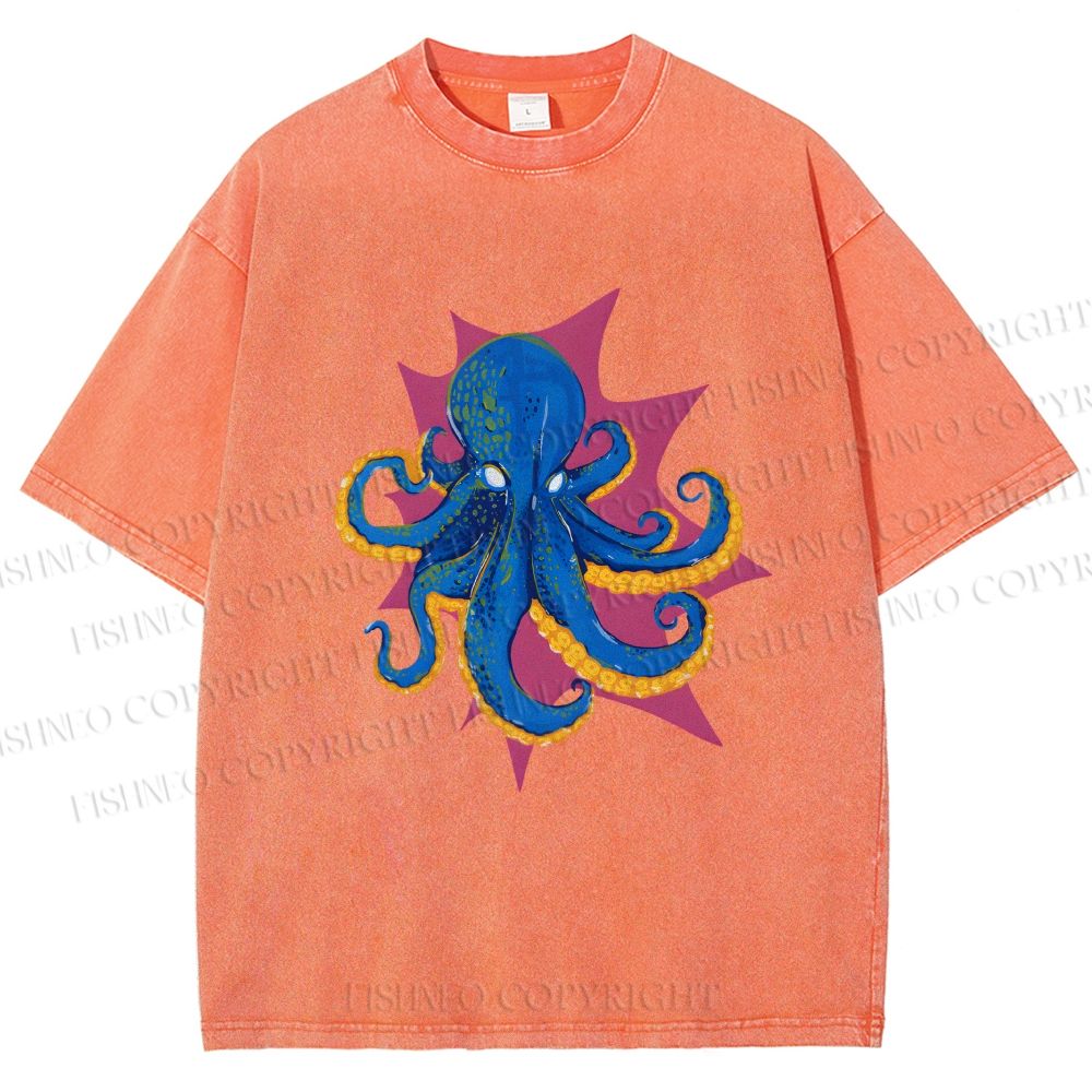 Unisex Blue Octopus in Star Printed Washed Tee