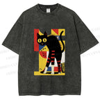 Unisex Geometric-patterned Black Cat Printed Washed Tee