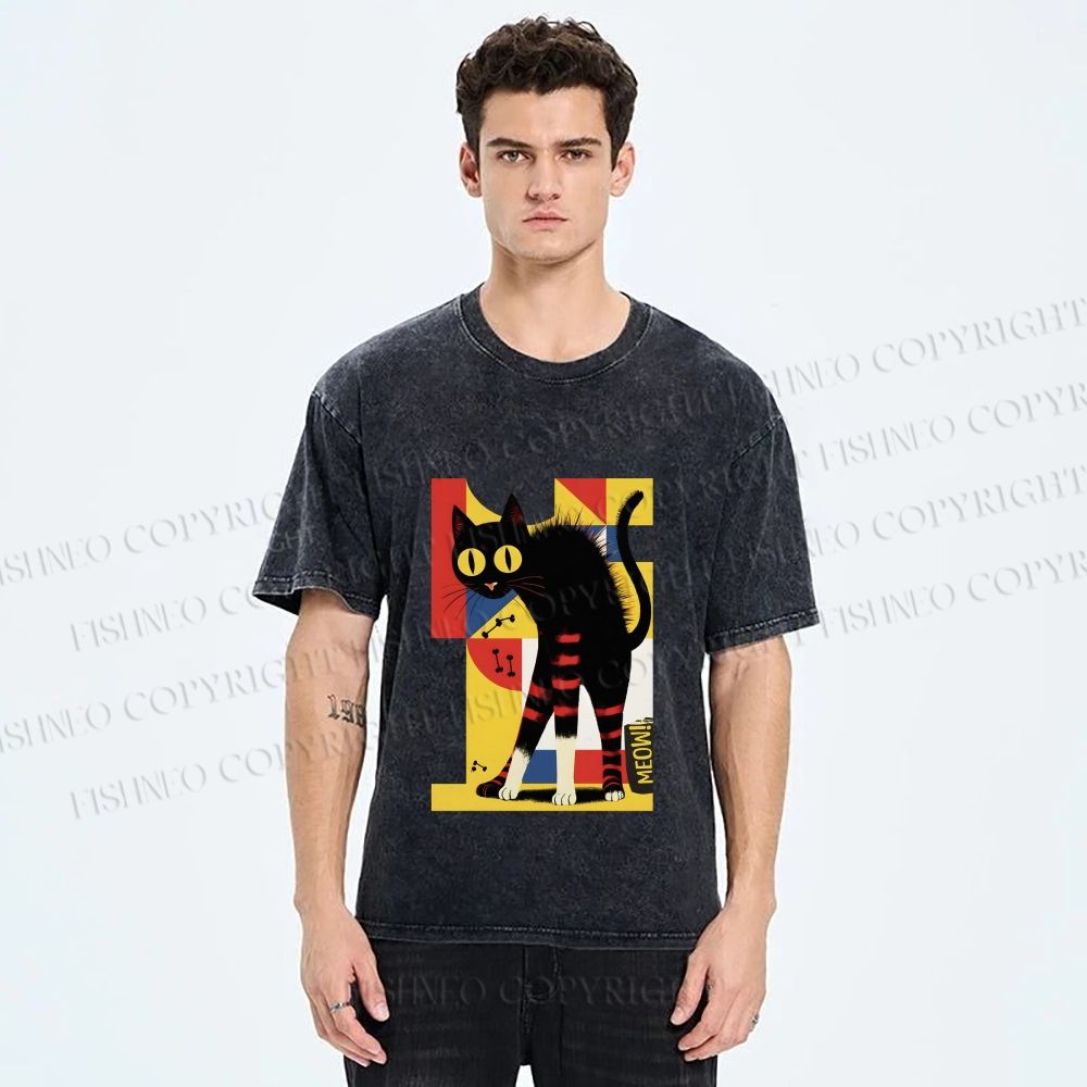 Unisex Geometric-patterned Black Cat Printed Washed Tee