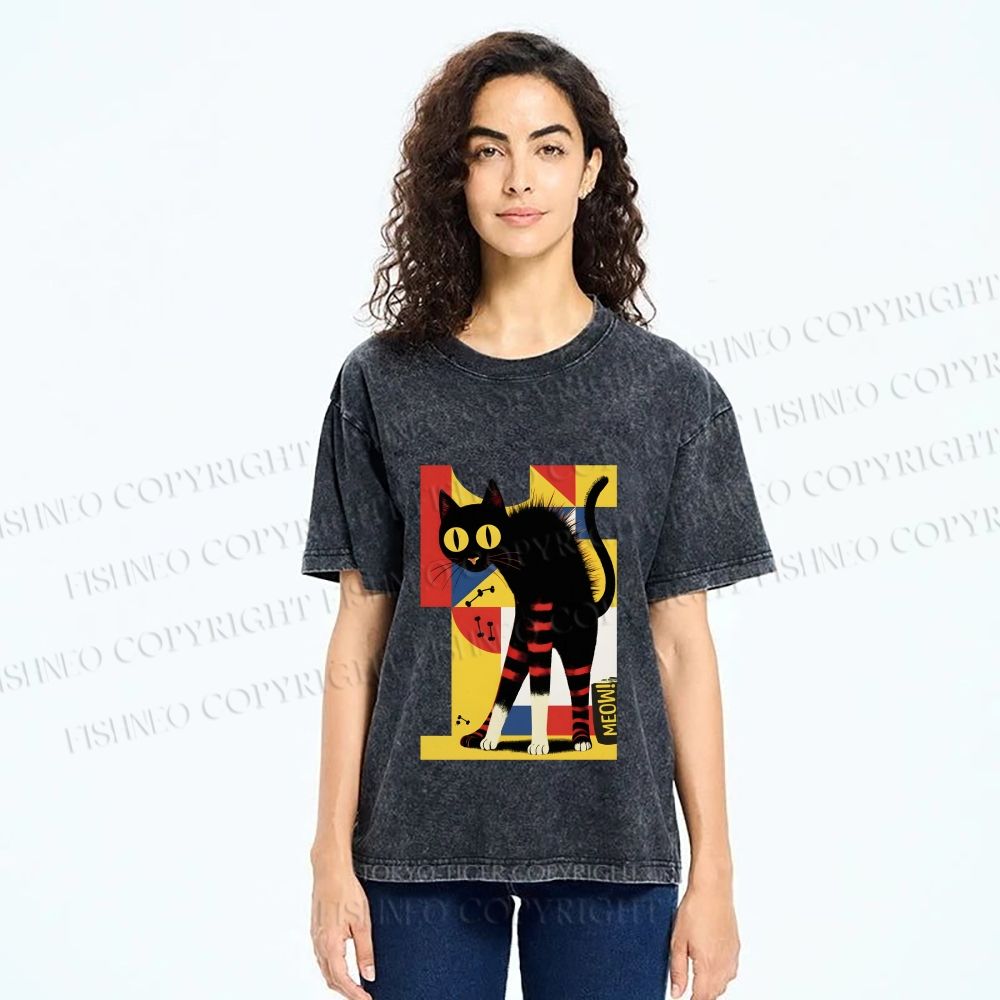 Unisex Geometric-patterned Black Cat Printed Washed Tee