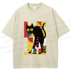Unisex Geometric-patterned Black Cat Printed Washed Tee