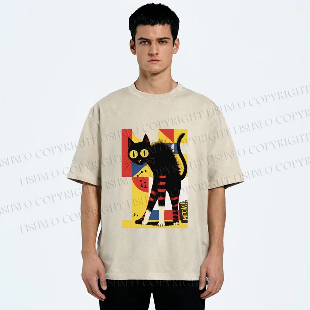 Unisex Geometric-patterned Black Cat Printed Washed Tee