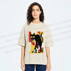 Unisex Geometric-patterned Black Cat Printed Washed Tee