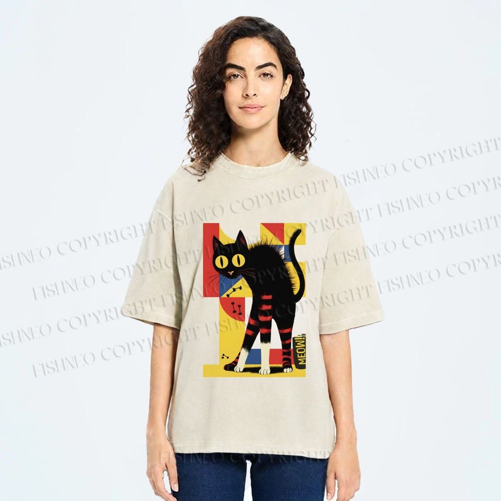 Unisex Geometric-patterned Black Cat Printed Washed Tee