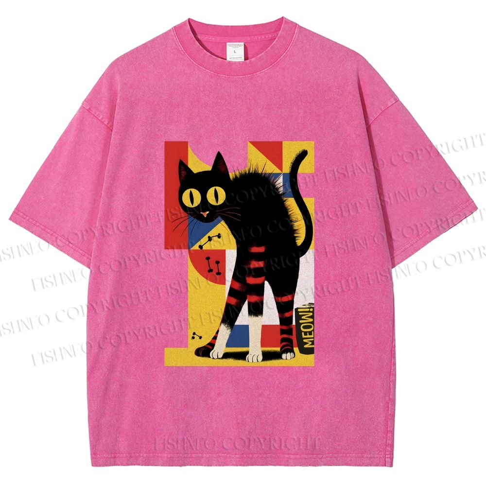Unisex Geometric-patterned Black Cat Printed Washed Tee