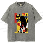 Unisex Geometric-patterned Black Cat Printed Washed Tee
