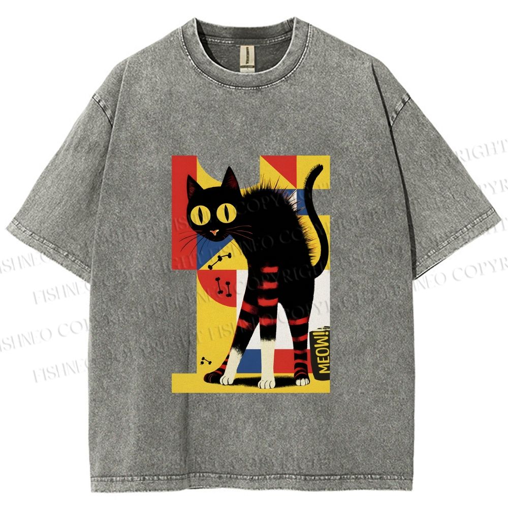 Unisex Geometric-patterned Black Cat Printed Washed Tee