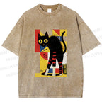 Unisex Geometric-patterned Black Cat Printed Washed Tee