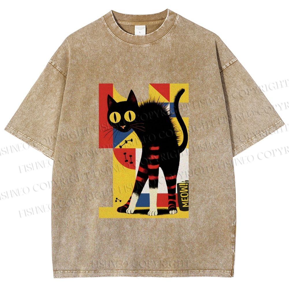 Unisex Geometric-patterned Black Cat Printed Washed Tee