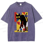 Unisex Geometric-patterned Black Cat Printed Washed Tee