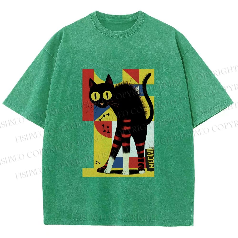 Unisex Geometric-patterned Black Cat Printed Washed Tee