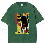 Unisex Geometric-patterned Black Cat Printed Washed Tee