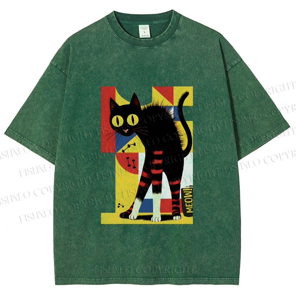 Unisex Geometric-patterned Black Cat Printed Washed Tee