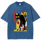 Unisex Geometric-patterned Black Cat Printed Washed Tee