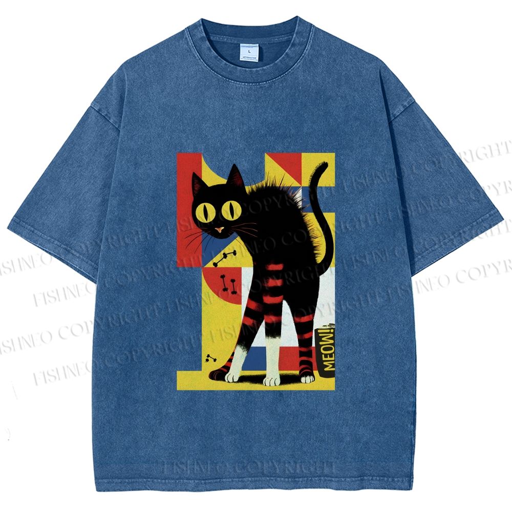 Unisex Geometric-patterned Black Cat Printed Washed Tee