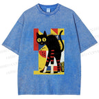 Unisex Geometric-patterned Black Cat Printed Washed Tee