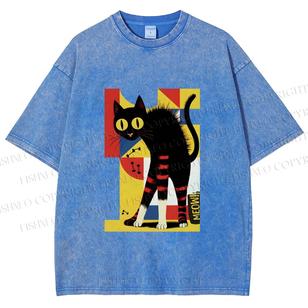 Unisex Geometric-patterned Black Cat Printed Washed Tee