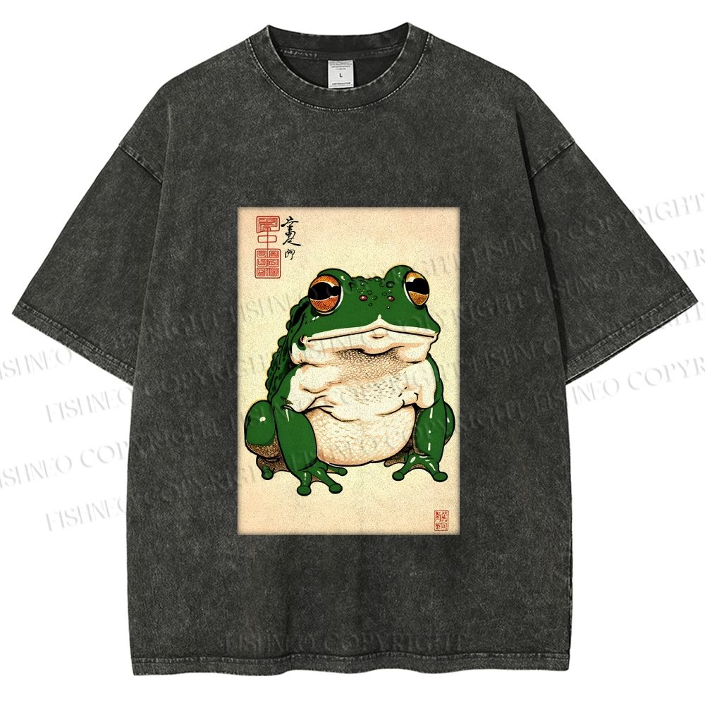 Unisex Japanese Frog Printed Washed Tee