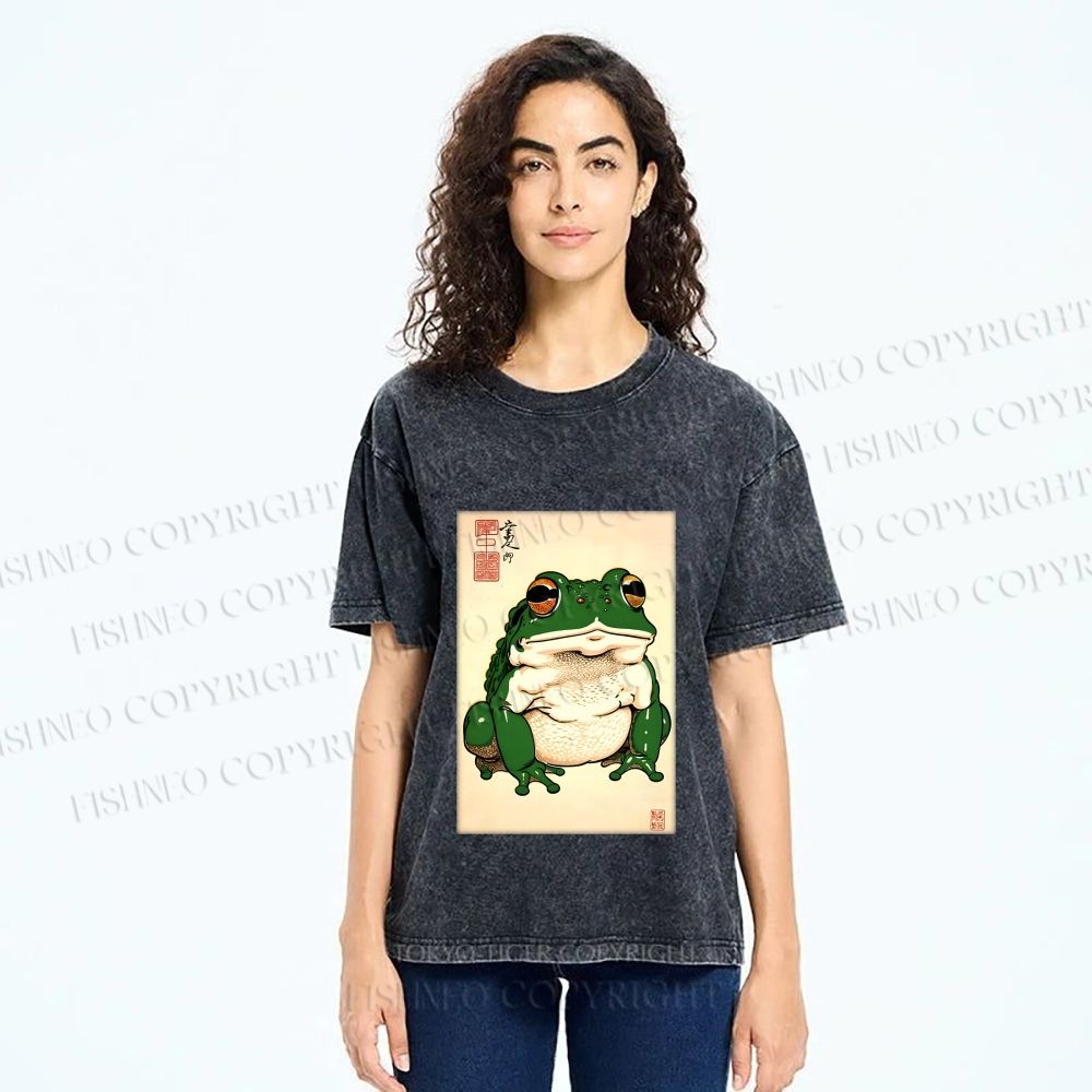 Unisex Japanese Frog Printed Washed Tee