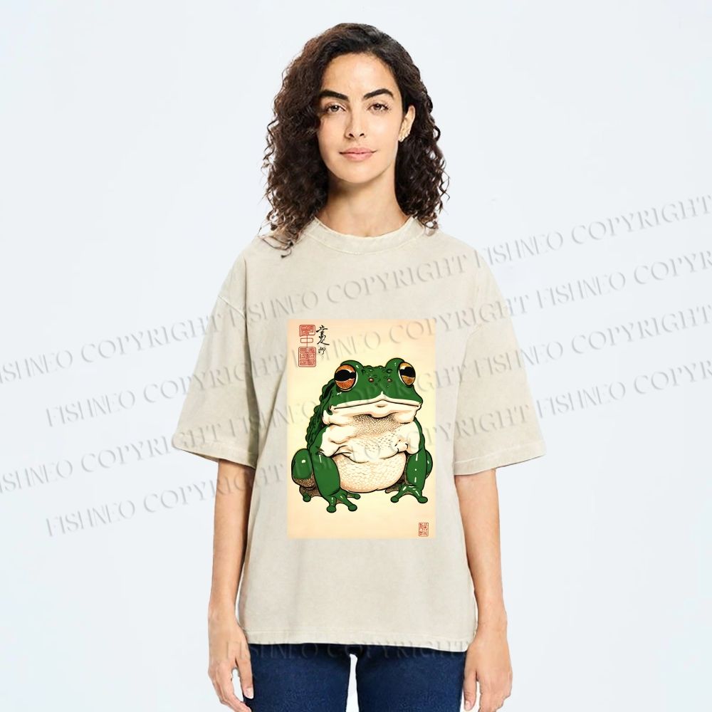 Unisex Japanese Frog Printed Washed Tee