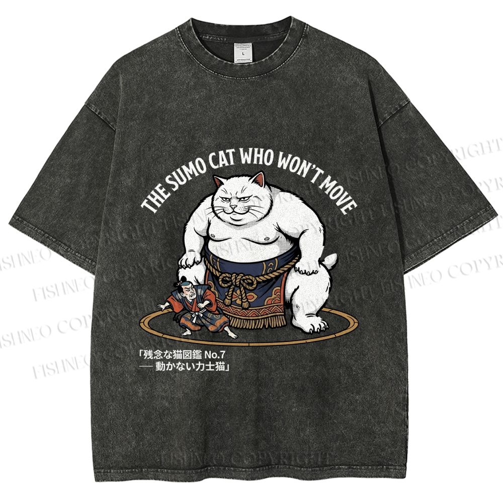 Unisex An Immovable Sumo Cat Printed Washed Tee