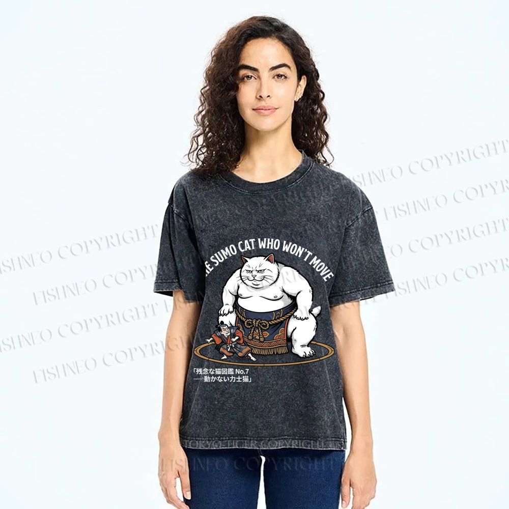 Unisex An Immovable Sumo Cat Printed Washed Tee