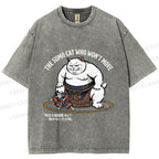 Unisex An Immovable Sumo Cat Printed Washed Tee