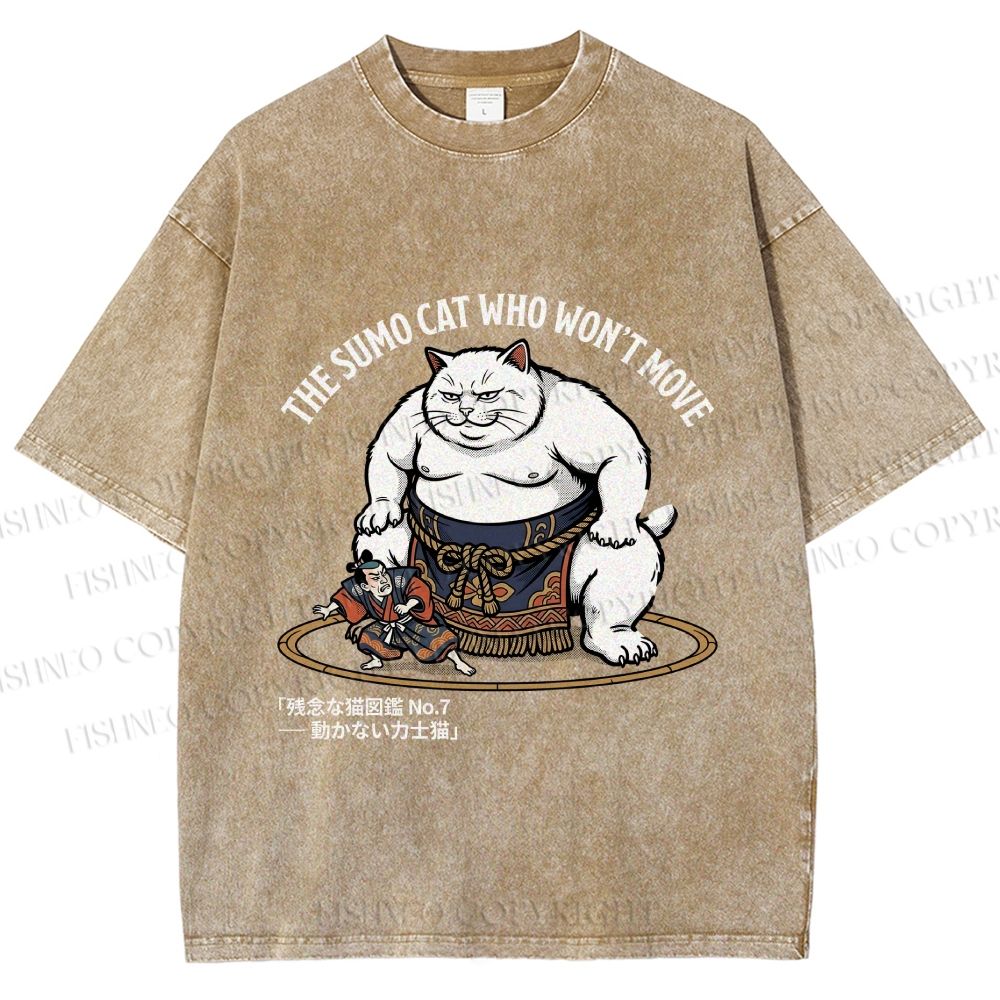 Unisex An Immovable Sumo Cat Printed Washed Tee