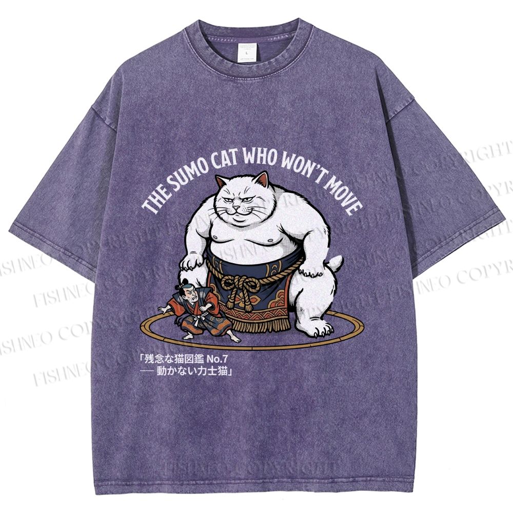 Unisex An Immovable Sumo Cat Printed Washed Tee