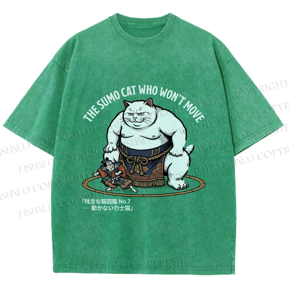 Unisex An Immovable Sumo Cat Printed Washed Tee