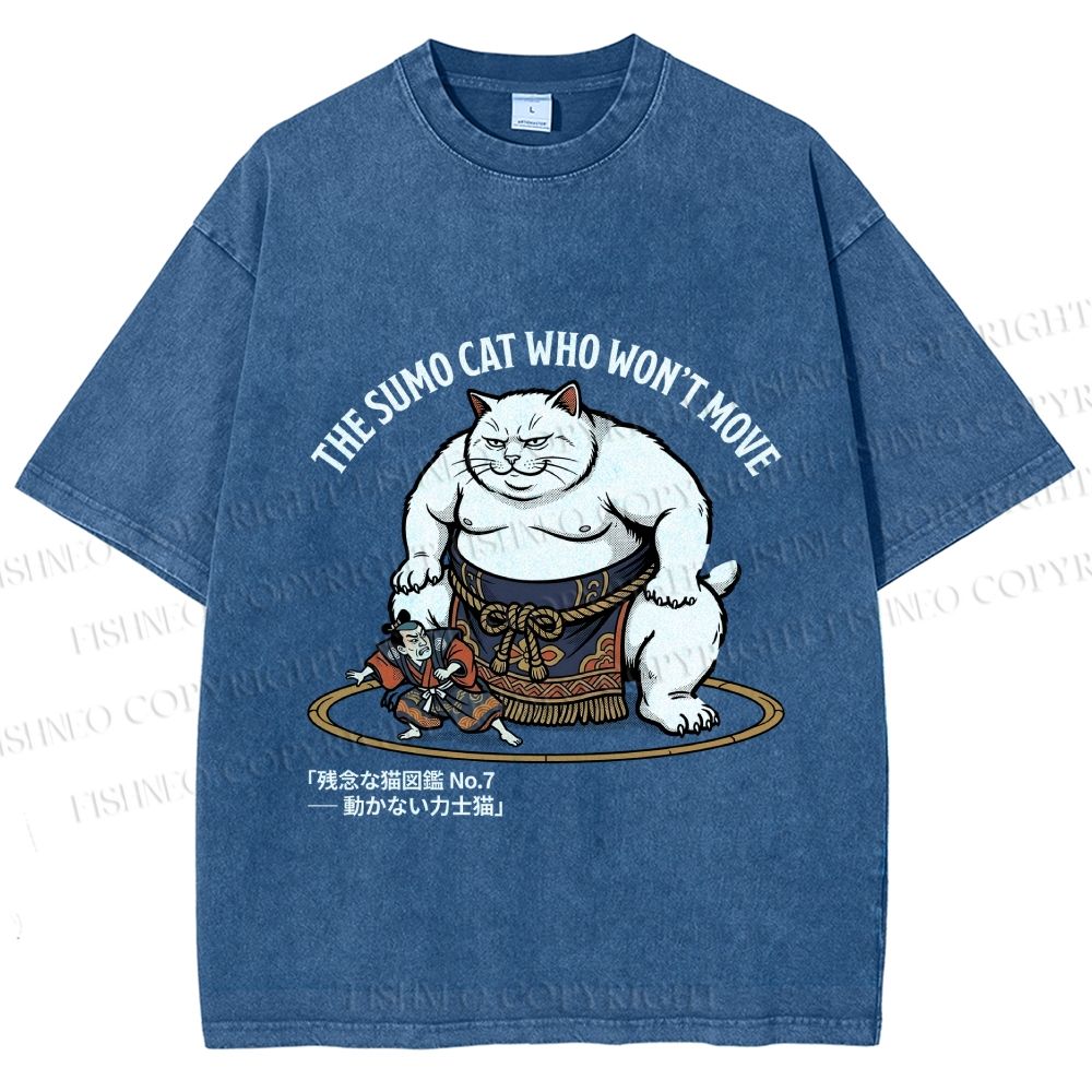 Unisex An Immovable Sumo Cat Printed Washed Tee